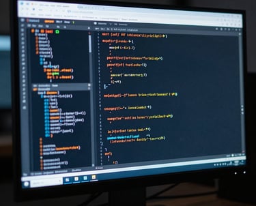 A close-up of a high-resolution 5K computer monitor in a dark room displaying complex lines of code and website architecture. The primary colors on screen are sky blue and orange.