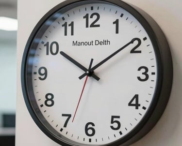 A close-up photograph of a stylish wall clock in a professional Delhi office, indicating the importance of timing and punctuality in marketing campaigns.
