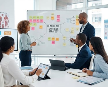 Healthcare branding team developing a compliant healthcare content strategy focused on patient educa