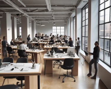 A friendly team collaborating around a table with laptops and notes.