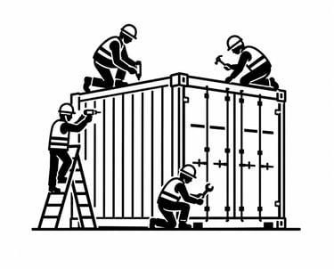 Black and white illustration of construction workers modifying a metal shipping container with tools.