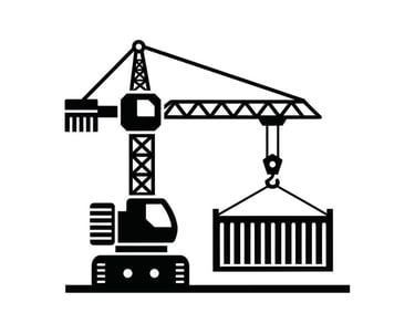 Black and white tower crane icon lifting a shipping container for logistics and construction.