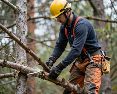 A team safely cutting down a large tree in a suburban neighborhood.