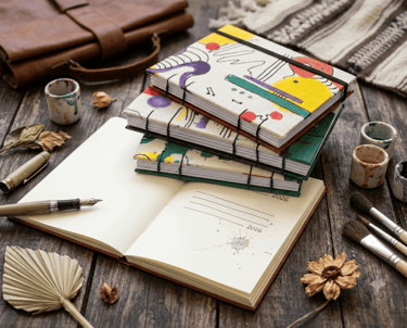 Pila de cuadernos artísticos encuadernados a mano y coloridos con pinceles y pluma estilográfica 