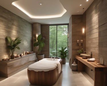 A warm, inviting treatment room with soft lighting and elegant beauty products neatly arranged.
