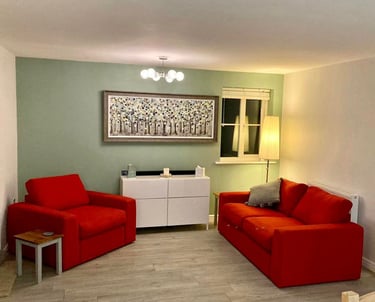 A minimalistic sitting room, with white walls/ceiling, a pale-green feature wall, and red chairs.