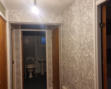 A hallway with 5 wooden doors, alongside marble-like wallpaper on all walls.