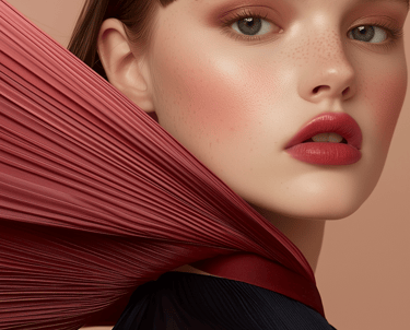 Portrait of a fashion model with soft pink makeup and freckles, wearing a pleated red fabric accessory.