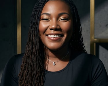 Smiling Black woman with long micro braids and gold eyeshadow in a professional headshot portrait.