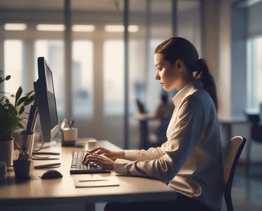 A professional thoughtfully crafting a response to a customer review on a tablet.