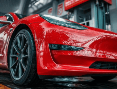 Front view of a Tesla Model 3 at a charging station, representing EV transition services