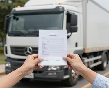 Team members from Global Solutions Transportes discussing logistics plans over a map.