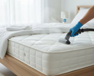a person cleaning a mattress on a bed
