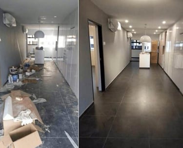 a hallway with a box of boxes and a box of boxes, before and after