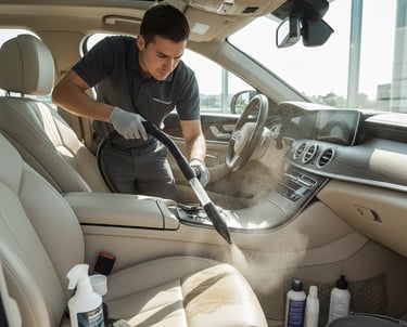 a man in a car with a vacuum cleaner