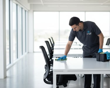 a man cleaning a table with a cleaning cloth