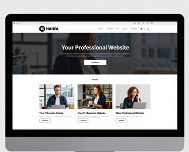 A sleek modern office workspace with multiple screens displaying web development code and digital marketing analytics.