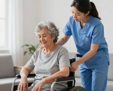 A warm caregiver gently assisting an elderly woman in a cozy living room.