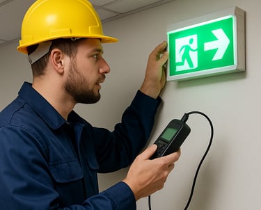 Close-up of emergency lighting fixture being tested with specialized equipment.