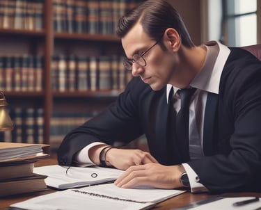 A professional lawyer reviewing legal documents related to driver's license cases in a cozy office.