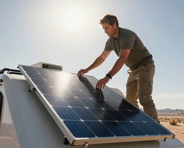 A low-angle shot of a man adjusting a solar panel on top of his overland trailer in the desert. The sun is high and bright, highlighting the rugged textures.