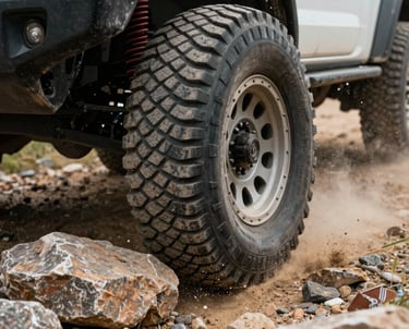 Close up of a vehicle's tire climbing over a sharp rock on a technical trail. Dust and pebbles are kicked up, capturing the action and the rig's capability.