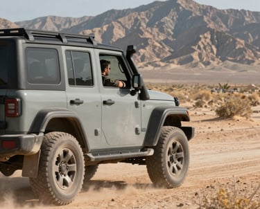 A side profile of a rugged off-road vehicle driving through a dusty desert landscape in North America, with a man looking out the window toward the mountains.