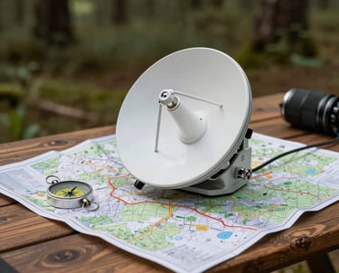 A satellite communication device resting on a topo map spread across a wooden camp table. A compass is nearby. Natural forest lighting.