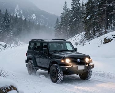 Cinematic photography of a black 4WD vehicle driving through a snow-covered mountain pass in North America. The vehicle's lights pierce through the mist.
