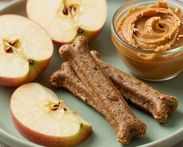 A high-quality photography shot of organic dog treats and fresh ingredients like sliced apples and peanut butter on a muted green plate, emphasizing a healthy lifestyle.