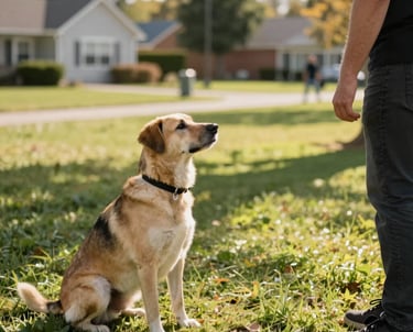 A crisp photograph of a dog sitting patiently in a sunlit park, looking at its owner during a training session in a typical North American suburban park.