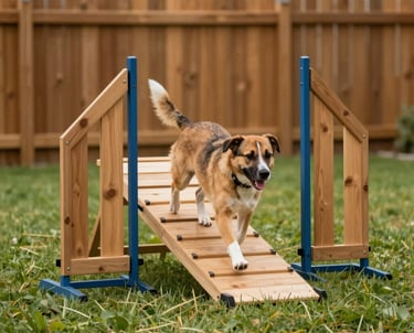 An action shot of a dog happily navigating an agility course in a North American backyard, with vibrant muted green grass and warm brown wooden fences.