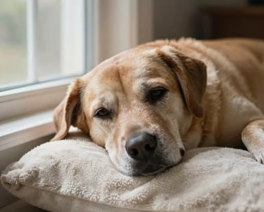 A heartwarming photo of a senior dog resting its head on a soft light cream blanket, looking peacefully out a window in a warm North American home.
