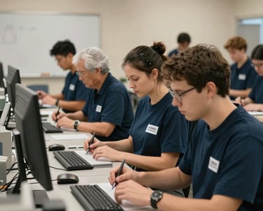 A professional North American / US vocational training setting where individuals are learning a skilled trade. The environment is orderly and inspires confidence, with a color palette including dark slate and beige to represent stability and strength.