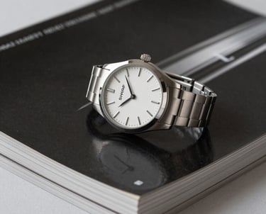 Sharp photography of a minimalist silver wristwatch resting on a stack of premium black business magazines.