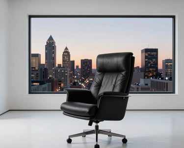 A minimalist white room with a single high-end black leather chair and a large window overlooking a North American city at dusk.