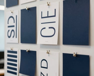 Studio photography of a designer's mood board in a North American office, pinned with minimalist typography samples and deep navy swatches.