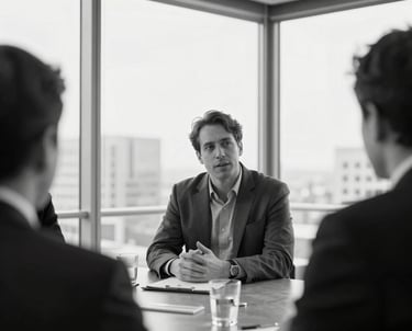 Candid black and white photography of a professional meeting in a North American penthouse, glass windows in background, focus on a person speaking.