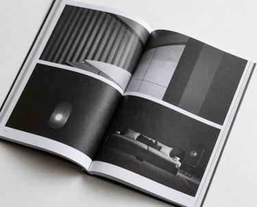 Clean, flat-lay photography of a high-end architectural magazine open to a page with bold black and white layouts.