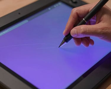 Close-up of a digital artist's hands working on a sleek graphic tablet with vivid purple and blue interface elements.