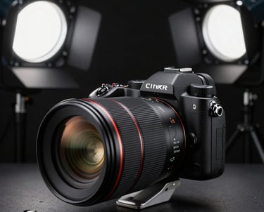 Photography of a high-end camera lens and professional lighting equipment in a dark North American studio.