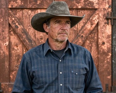 A portrait of a local rancher in a slate grey hat standing against a weathered copper-toned barn door. The lighting is crisp and natural, highlighting the textures of the wood and the ruggedness of the subject.