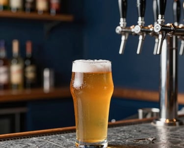 A close-up of a local brewery taproom. The scene features deep navy bar accents, slate grey stone, and golden-hued beer in a glass. The atmosphere is warm, social, and inviting.