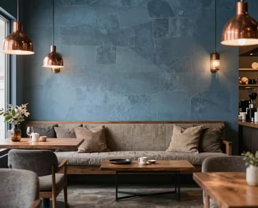 A lifestyle photograph of a boutique interior in Bozeman, featuring slate blue walls, warm copper light fixtures, and earthy neutral decor. The space looks modern yet rooted in rustic charm.