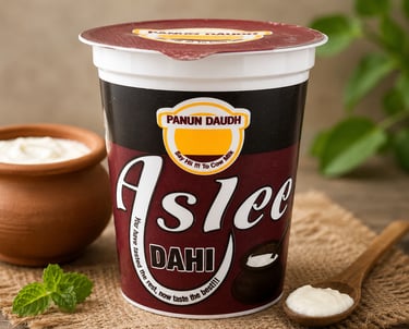 Panun Daudh Aslee Dahi cup on a burlap mat with a wooden spoon and clay pot of fresh yogurt.