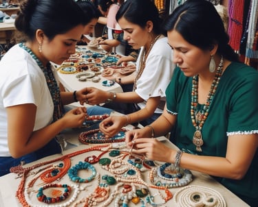 Mujeres mexicanas en trabajo artesanal de macramé.