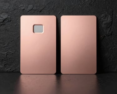 Two large cards side by side with gilded copper borders on a cream background, each labeled with rose-gold monospace text.