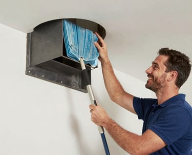 Technician inspecting and cleaning an air duct system in a modern home.