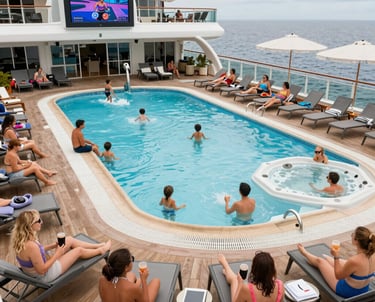 A joyful family enjoying a sunny day on the deck of a Carnival cruise ship with the ocean in the background.