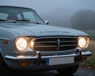 Dramatic low-angle shot of a classic car's front end, headlights glowing in the evening mist of French / Charente-Maritime.